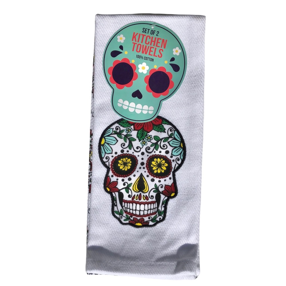 Floral Sugar Skull Cotton Kitchen Towels, Set of 2